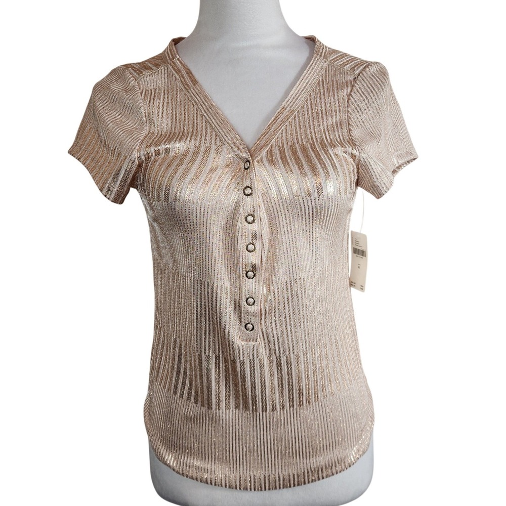 Pilcro Anthropologie M Metallic Gold Ribbed V-Neck Snap Front Top Medium NEW NWT